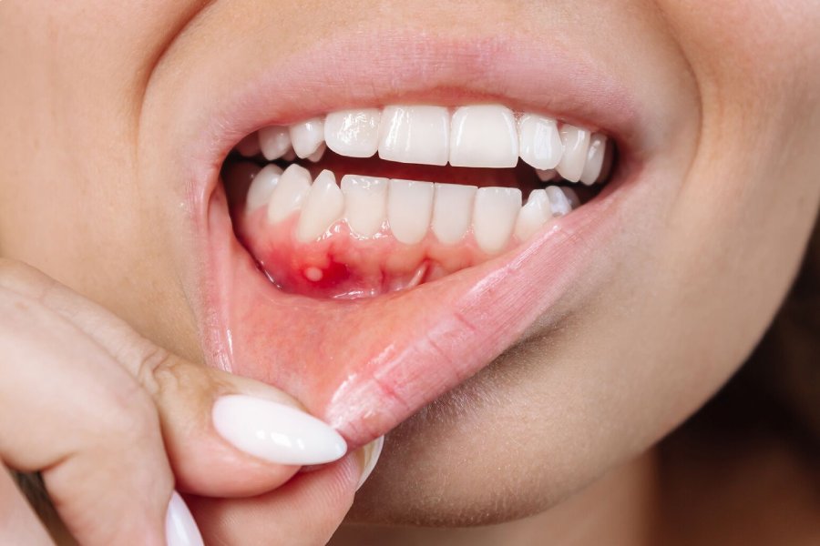 Close-up of early signs of oral cancer on lower gum – oral cancer treatment in Pune