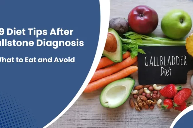 Healthy fruits, vegetables, and nuts displayed on a table with the text "Gallbladder Diet" – 9 Diet Tips After Gallstone Diagnosis