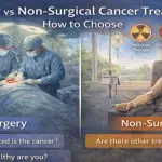 A comparative medical illustration of Surgery vs Non-Surgical Cancer Treatment options, including pancreatic cancer surgery, cancer esophagus surgery, and non-invasive methods like radiation or cancer treatment with stem cells to help patients choose the right path.