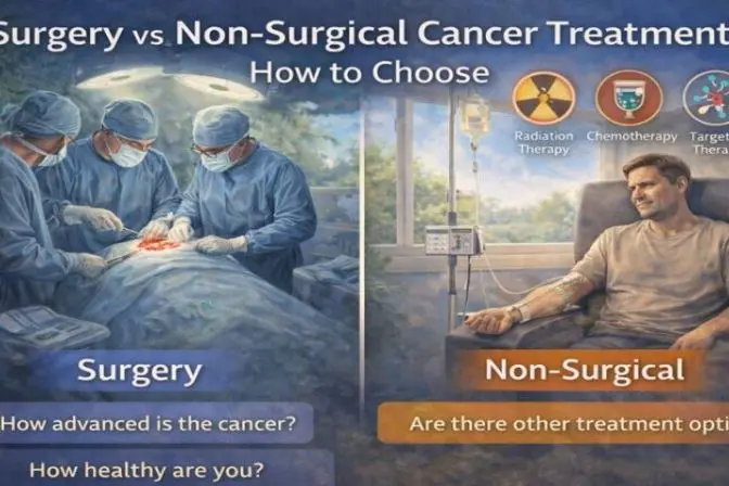A comparative medical illustration of Surgery vs Non-Surgical Cancer Treatment options, including pancreatic cancer surgery, cancer esophagus surgery, and non-invasive methods like radiation or cancer treatment with stem cells to help patients choose the right path.