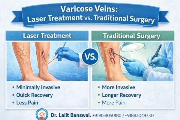 Laser vs Traditional Surgery for Varicose Veins in Pune by Dr. Lalit Banswal - Comparison of recovery and pain levels.