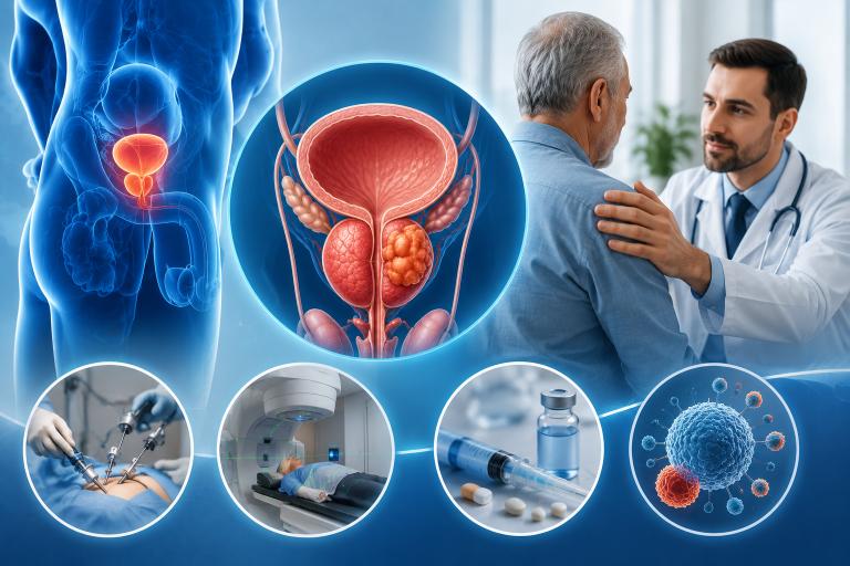 Medical collage showing prostate cancer treatment in Pune including robotic surgery, radiation therapy, chemotherapy and targeted therapy — by Dr. Lalit Banswal, Prostate Cancer Specialist in Pune