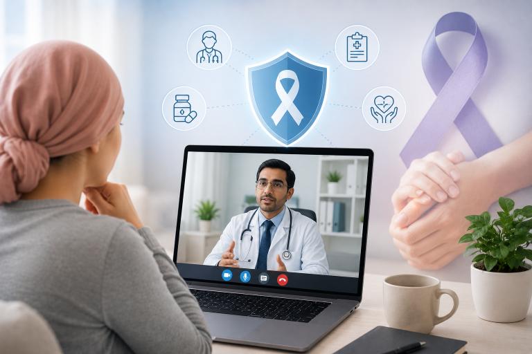 A cancer patient attending an Online Cancer Consultation in Pune via video call with a specialist doctor on laptop — Dr. Lalit Banswal, Cancer Specialist, Undri, Pune